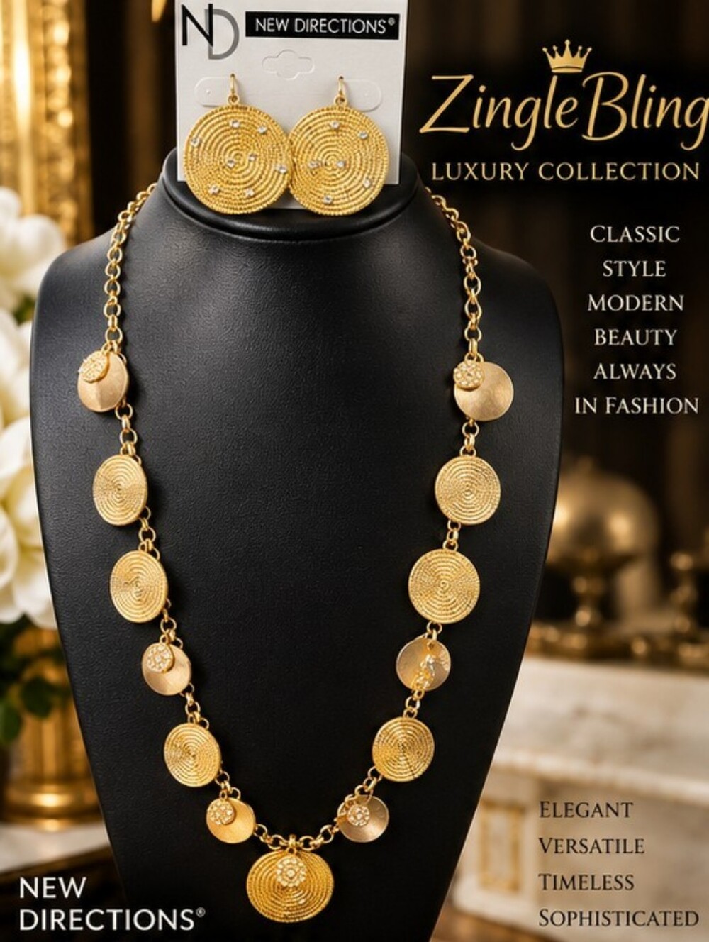 New Directions NWT Gold Medallion Necklace Earrings Set Crystal
